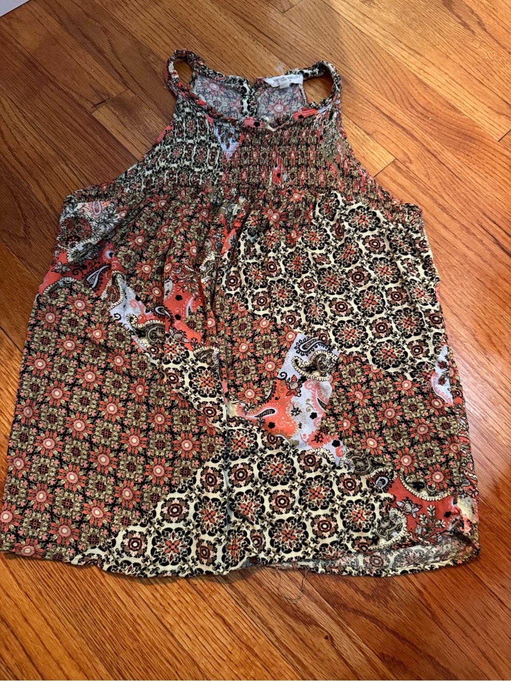 Christian Siriano New York Boho Paisley Smocked Tank Top in Coral and Cream